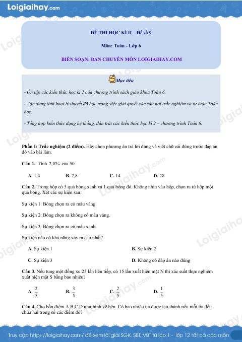 Đề thi học kì 2 Toán 6 - Đề số 9